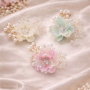 Floral Blossom Pink Blue Cream Pearl Crystal Brooch Set